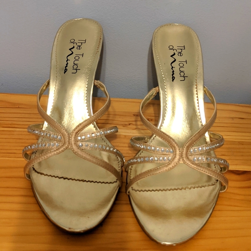 Gold Strappy Sandals with Rhinestones Size 8